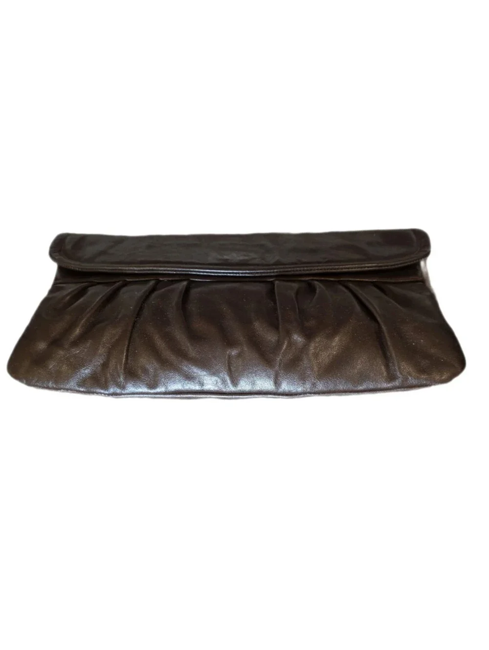 Vintage Mid- Century Brown Leather Ruched Clutch Bag EUC